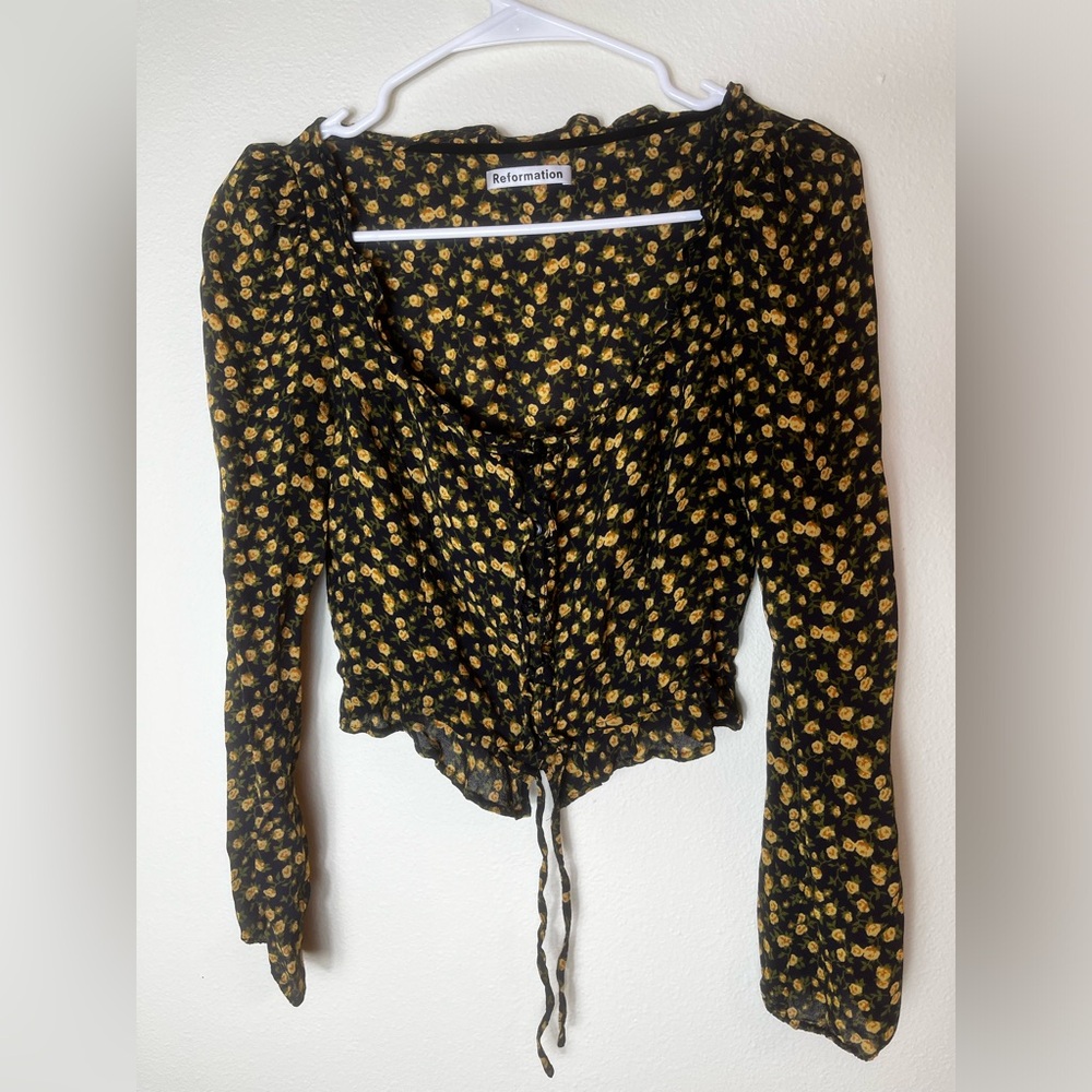 Reformation Black and Yellow Floral Blouse